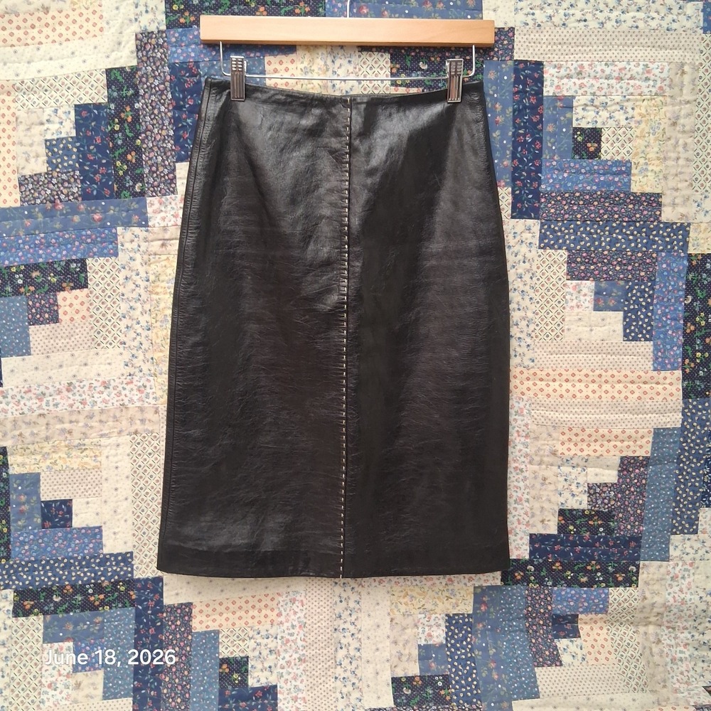 Rem Garson Black Leather Midi Pencil Skirt With Side Zip Size 2 26 Waist